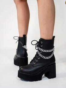 Women's Fashion Black Casual Vacation Minimalist Platform Thick Sole Ankle Boots, Autumn/Winter - Black - View 4