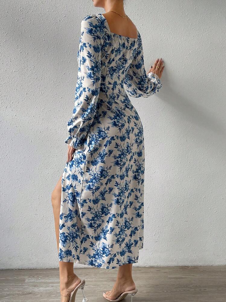 Chiquease Floral Print Flare Sleeve Knot Front Split Thigh Dress - White - View 2