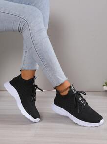 女士轻质网眼透气跑步鞋，完美搭配连帽衫舒适低帮厚底运动鞋 - 黑色 - 查看 5