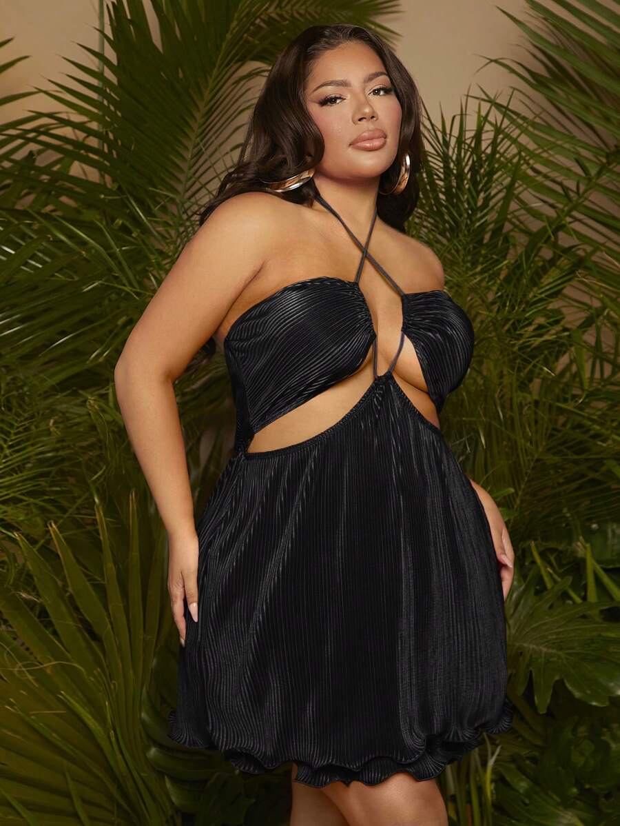 SHEIN SXY Plus Cut Out Tie Backless Halter Dress - Black - View 1