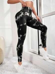 Yoga Trendy 紮染運動打底褲無縫寬腰帶緊縮褶皺臀部訓練緊身褲