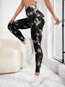 Yoga Trendy 紮染運動打底褲無縫寬腰帶緊縮褶皺臀部訓練緊身褲