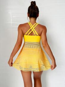 Swim Lushoire Summer Beach Drawstring Front Hollow Out Dress Swimsuit - Yellow - View 2