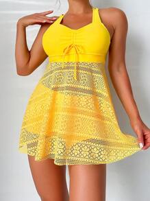 Swim Lushoire Summer Beach Drawstring Front Hollow Out Dress Swimsuit - Yellow - View 3