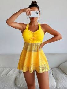 Swim Lushoire Summer Beach Drawstring Front Hollow Out Dress Swimsuit - Yellow - View 5