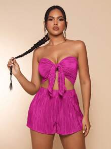 SHEIN SXY Tie Front Tube Top & Shorts - Hot Pink - View 1