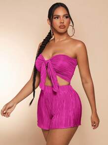 SHEIN SXY Tie Front Tube Top & Shorts - Hot Pink - View 3