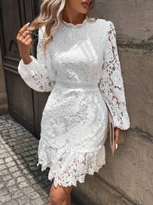 SHEIN Essnce 水溶蕾絲拼接燈籠袖荷葉邊連衣裙 - 白色 - 查看 6