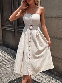 Chiquease Button Front Belted Cami Dress Maxi Women Outfit - Apricot - View 4