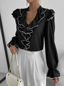 SHEIN Privé 荷葉邊喇叭袖襯衫 - 黑色 - 查看 2