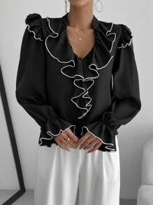 SHEIN Privé 荷葉邊喇叭袖襯衫 - 黑色 - 查看 6