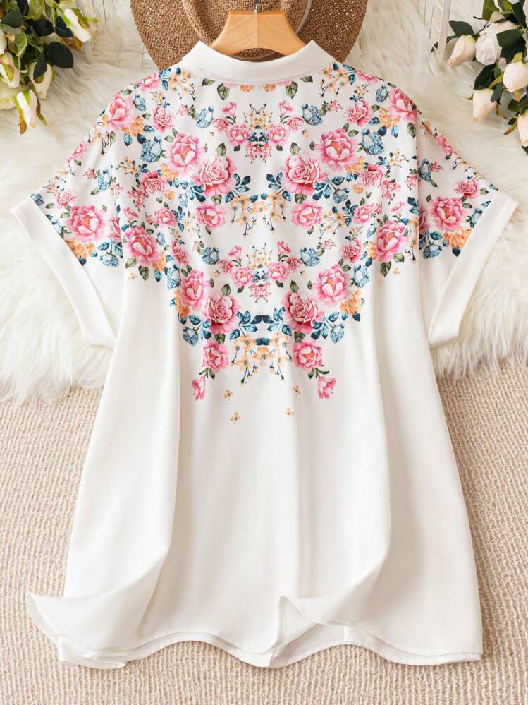 SHEIN LUNE מידות גדולות הדפס פרחוני שרוול כנף עטלף חולצה - לבן - ראה 2