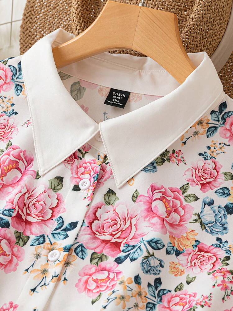 SHEIN LUNE מידות גדולות הדפס פרחוני שרוול כנף עטלף חולצה - לבן - ראה 3