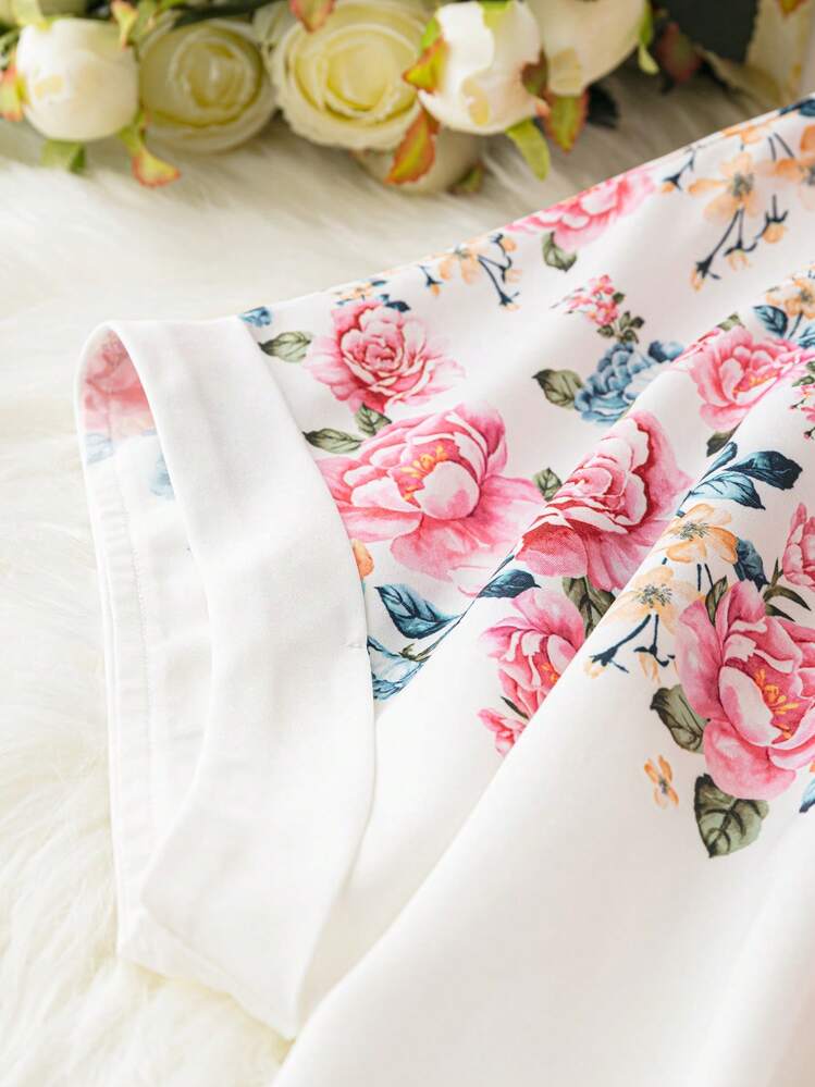 SHEIN LUNE מידות גדולות הדפס פרחוני שרוול כנף עטלף חולצה - לבן - ראה 5