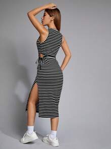 SHEIN EZwear Striped Print Drawstring Side Split Thigh Dress - Black and White - View 2