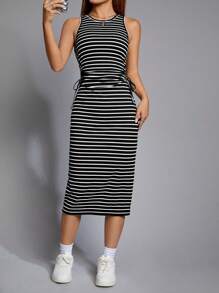 SHEIN EZwear Striped Print Drawstring Side Split Thigh Dress - Black and White - View 3