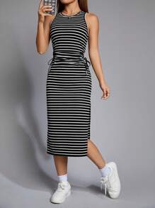 SHEIN EZwear Striped Print Drawstring Side Split Thigh Dress - Black and White - View 6
