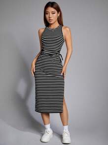 SHEIN EZwear Striped Print Drawstring Side Split Thigh Dress - Black and White - View 7