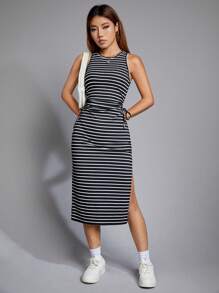 SHEIN EZwear Striped Print Drawstring Side Split Thigh Dress - Black and White - View 8