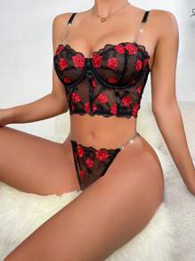 花卉刺繡網紗鋼圈內衣套裝 - 彩色 - 查看 1