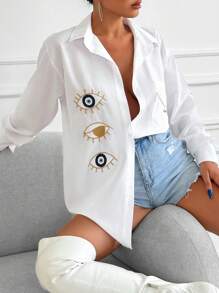 RueChic Eye Print Drop Shoulder Pocket Patched Shirt - White - View 3