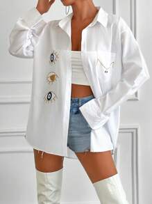 RueChic Eye Print Drop Shoulder Pocket Patched Shirt - White - View 4
