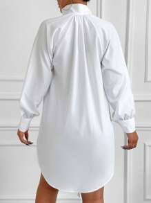 EURMUSE Mock Neck Raglan Sleeve Button Front Asymmetrical Hem Shirt - White - View 2