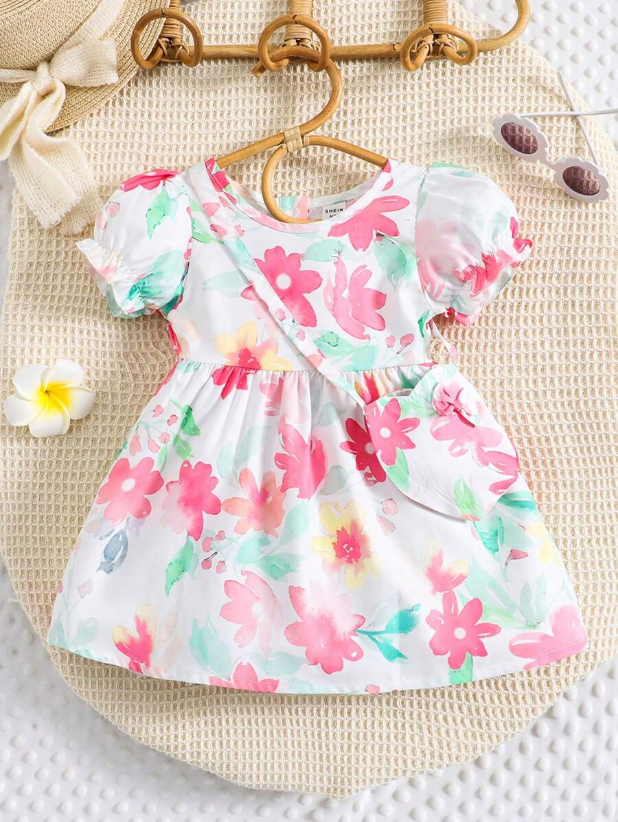 SHEIN Baby Mädchen Kleid mit Blume Muster, Puffärmeln,