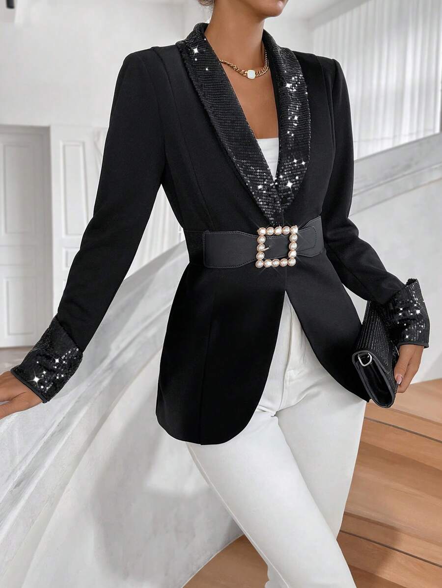 Firerie 秋冬撞色亮片披肩领西装外套（无腰带） - 黑色 - 查看 1