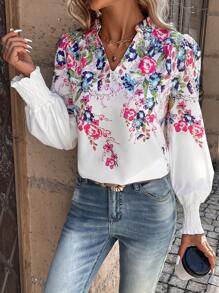 SHEIN Unity 印花缺口領燈籠袖襯衫 - 白色 - 查看 1