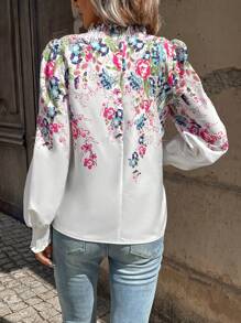 SHEIN Unity 印花缺口領燈籠袖襯衫 - 白色 - 查看 2