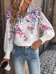 SHEIN Unity 印花缺口領燈籠袖襯衫 - 白色 - 查看 4