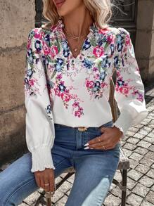 SHEIN Unity 印花缺口領燈籠袖襯衫 - 白色 - 查看 6