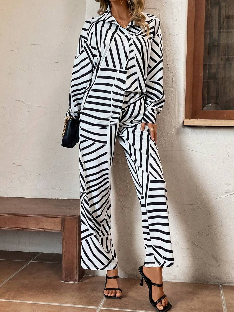 SHEIN Essnce Striped Print Drop Shoulder Shirt & Wide Leg Pants - Black and White - View 1