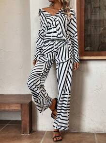 SHEIN Essnce Striped Print Drop Shoulder Shirt & Wide Leg Pants - Black and White - View 3
