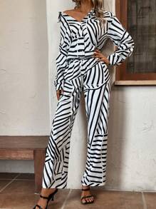 SHEIN Essnce Striped Print Drop Shoulder Shirt & Wide Leg Pants - Black and White - View 5