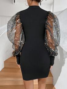 SHEIN Privé 網紗燈籠袖小高領緊身連衣裙 - 黑色 - 查看 2