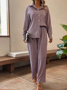 SHEIN Essnce Allover Print Shirt & Wide Leg Pants - Coffee Brown - View 3