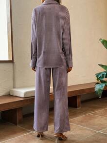 SHEIN Essnce Allover Print Shirt & Wide Leg Pants - Coffee Brown - View 2