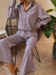 SHEIN Essnce Allover Print Shirt & Wide Leg Pants - Coffee Brown - View 1