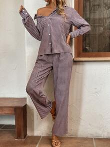 SHEIN Essnce Allover Print Shirt & Wide Leg Pants - Coffee Brown - View 5