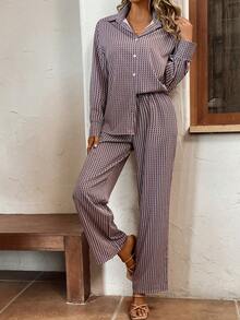 SHEIN Essnce Allover Print Shirt & Wide Leg Pants - Coffee Brown - View 6