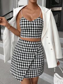 SHEIN Privé 千鳥格印花吊帶上衣和裹身半身裙 - 黑與白 - 查看 4