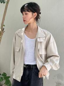 DAZY 翻蓋口袋落肩袖夾克 - 卡其色 - 查看 1