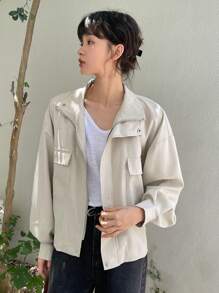 DAZY 翻蓋口袋落肩袖夾克 - 卡其色 - 查看 6