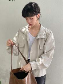 DAZY 翻蓋口袋落肩袖夾克 - 卡其色 - 查看 9