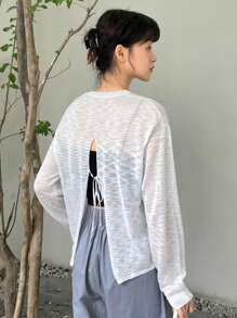 DAZY Tie Back Drop Shoulder Sweater Without Cami Top,Fall Women Clothes - Beige - View 3