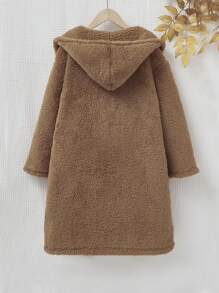 SHEIN Tween Girl 1pc Dual Pocket Hooded Teddy Coat - Brown - View 2