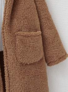 SHEIN Tween Girl 1pc Dual Pocket Hooded Teddy Coat - Brown - View 3