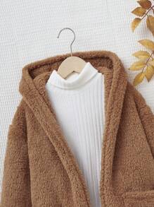 SHEIN Tween Girl 1pc Dual Pocket Hooded Teddy Coat - Brown - View 4